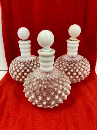 Set Of 3 Vintage Fenton Opalescent Moonstone Hobnail Perfume Bottles