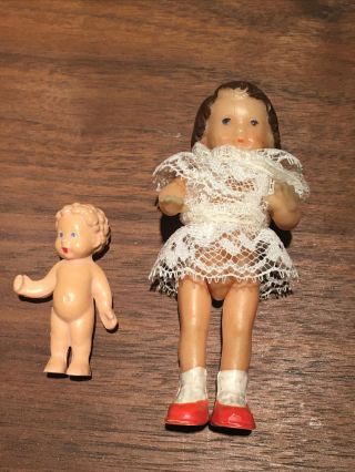German Dollhouse Dolls 1.  5 " Baby And 3 " Child Set Of Vinyl Set Of 2