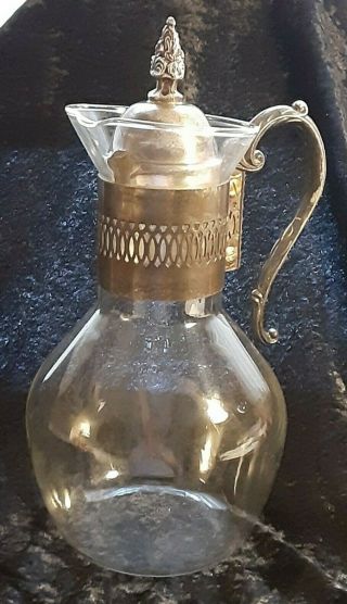 Vintage Large Glass Water Wine Pitcher Carafe With Silver Plate Handle & Lid