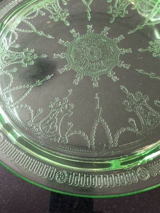 Vintage Green Depression Glass Cake Stand Etched Plate Pedestal Footed 10” Tray 2