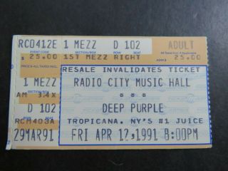 Deep Purple Concert Ticket Stub 4/12/1991 Radio City Music Hall - Nyc - Usa