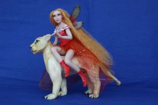 Ooak Dolls Fairy And Lioness,  Zodiac Leo,  Polymer Clay Sculpture,  By Diana Genova