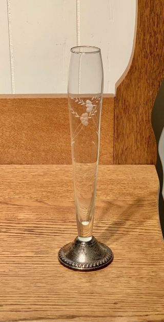 Duchin Creation Vintage Sterling Silver,  Etched Glass Tall Bud Vase Weighted.