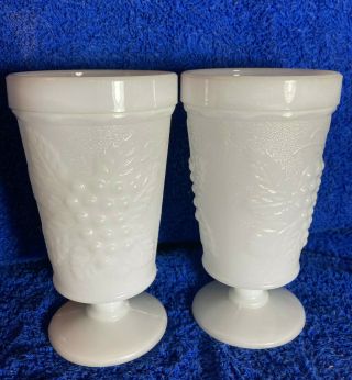 Set Of 2 Vintage White Milk Glass 6 " Footed Goblet With Grapes,  Leaves,  Vines