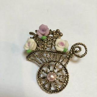 Vintage Gold - Tone Flower Cart With Colorful Flowers Brooch/pin Antique