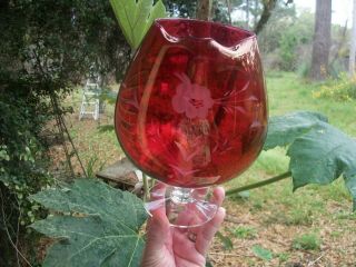 Rare Big Cranberry Ruby Stained & Floral Etched Glass Brandy Snifter Pitcher Mcm