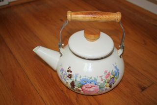 Vintage Enamel Lincoware Tea Pot Kettle Meadow Flowers Wood Metal Porcelain