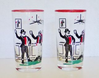 2 Vintage Libbey Pickwick Dickens Highball Tumbler Glass Cocktail Bar Red Green