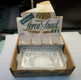 Vintage Anchor Hocking Anchorglass Serva Snack Set 4 Cups & 4 Snack Trays