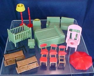 Vintage Plastic Dollhouse Furniture Blue Box Marx Lamp Chairs Potty Chair Bed