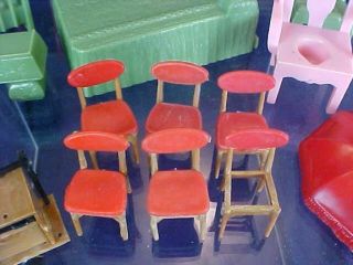 Vintage Plastic Dollhouse Furniture Blue Box Marx Lamp Chairs Potty Chair Bed 2