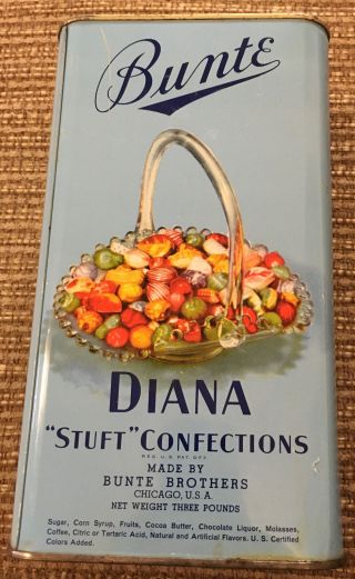 Antique Bunte Diana Stuft Confections Candy Litho Tin 3 Pound Chicago Vintage