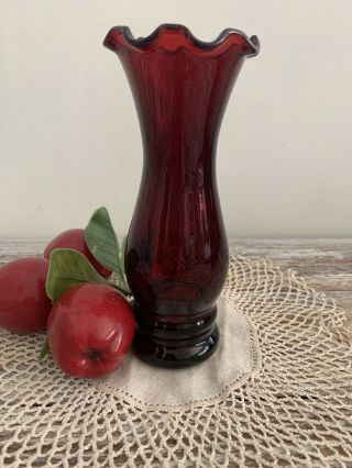 Vintage Anchor Hocking Royal Ruby Red Glass 6” Ruffled Edge Bud Vase