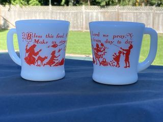 2 Vintage Anchor Hocking Fire - King Milk Glass Cups/mugs Prayer - - Bless This Food
