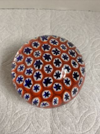 Vintage Paperweight Red White & Blue Stars Art Glass Ball 2.  5” Tall