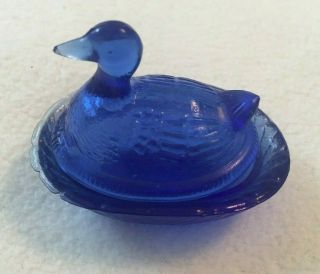 Vintage Miniature Duck On A Nest Cobalt Blue Glass Unmarked Bird Mini