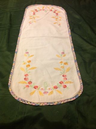 Vintage 37 " X13 " Hand Embroidered Dresser Scarf Table Runner Multi Color Flowers