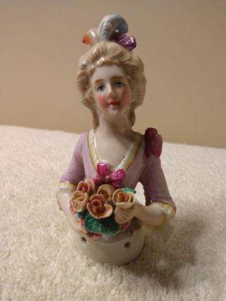 Antique 5 " German Pin Cushion Porcelain Half Doll W Bouquet Feathers