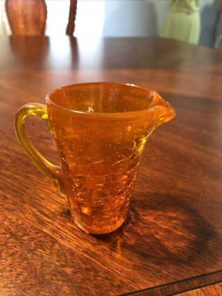 Vtg.  Art Glass Orange Handblown Crackle Glass Yellow Handle Mini Pitcher Vase