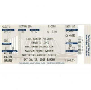 Jennifer Lopez Concert Ticket Stub York 7/13/19 Msg It 