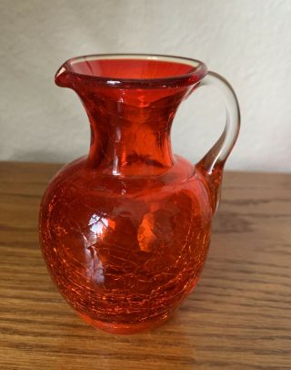 Vintage Crackle Glass Mini - Pitcher Vase Orange Clear Handle 4.  5 "