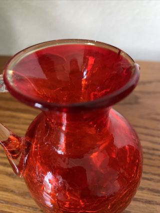 Vintage Crackle Glass Mini - Pitcher Vase Orange Clear Handle 4.  5 