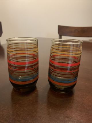 Set Of 2 Vintage Dark Amber Striped Red Orange Yellow Teal Brown Juice Glasses
