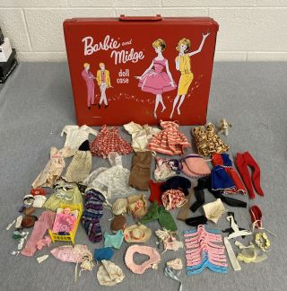 Vintage 1963 Mattel Barbie And Midge Doll Case Vinyl W/ Clothes - Red -