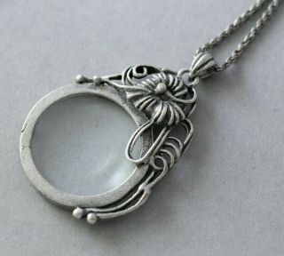 Magnifying Glass Antiqued Silver Tone Pendant Chain 32 " Necklace