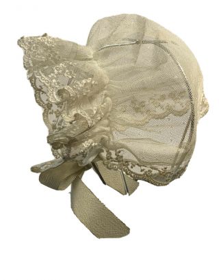 Antique Vintage Yellow Lace Bonnet Hat For Very Large Size Baby Doll