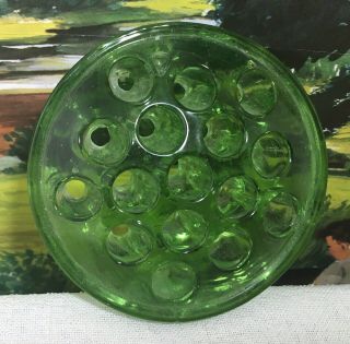 Vintage Green Glass 16 Hole Flower Frog