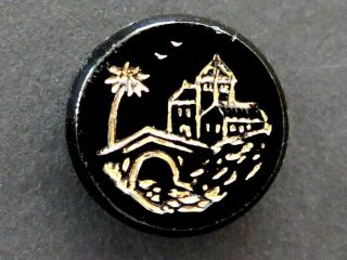 Sml Black Glass Outdoor Scene Button - Buildings,  Bridge & Palm Tree,  With Gold