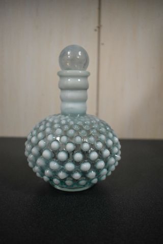 Vintage Fenton Glass Aqua Blue Opalescent Hobnail Perfume Bottle With Stopper