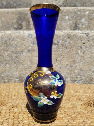 Vintage Cobalt Blue Hand Painted Bud Vase With Gold 7 " Japan