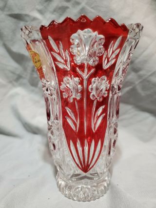 Anna Hutte Bleikristall 24 Lead Crystal Floral Red/clear Vase Made In Germany