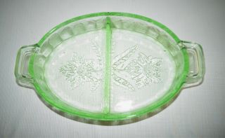 Antique Vaseline Uranium Green Depression Glass Divided Candy Relish Dish Floral