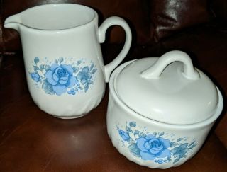 Corelle Coordinates Stoneware Blue Velvet Rose Sugar Bowl With Lid & Creamer