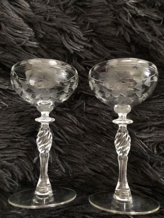 Vintage 2 Piece Set Crystal Champagne Stemware W/etched Flower Design 5.  5in Tall