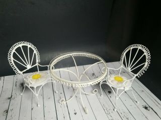 Vtg Dollhouse Miniature Bistro Table 2 Chairs 1:12 Sunflower Off White Metal