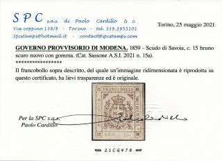 1859 ITALY MODENA SA 15a 20c VIOLETTO SCURO $8400.  00 CERTIFICATE 3