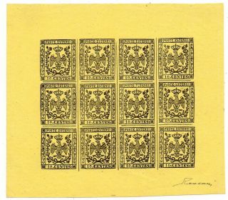 1852 Italy Modena 10c Yellow Proof Full Sheet,  Unique,  Look