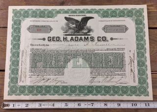 Antique 1919 Geo H Adams Co Stock Certificate Preferred 10 Shares Massachusetts