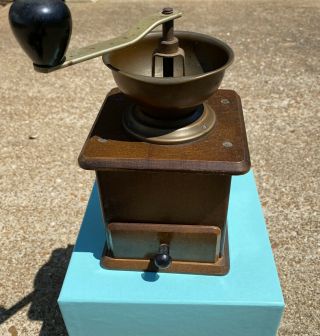 Antique Vintage Style Wooden Coffee Bean Grinder Hand Crank With Drawer