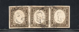 1861 Italy Sardinia Sa 14cbb Strip Of 3 Stamps Cv $23500.  00