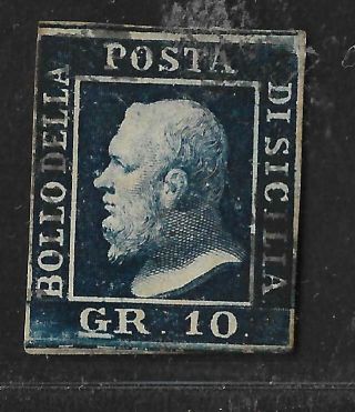 Italy 1859 Sicilia Ferdinando Ii 10gr Indigo Black Sass 12a Certificate Cv$4500
