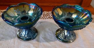 2 Vintage Indiana Blue Carnival Glass Candle Holders Iridescent Harvest Grapes