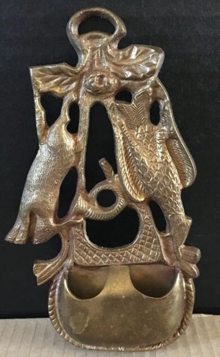 Vintage Cast Brass Hunt Theme Fireplace Wall Pocket Rabbit Match Stick Holder 7”
