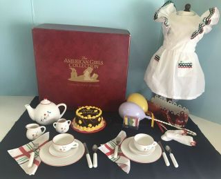 American Girl Molly Tea Set Complete,  Birthday Cake Pinafore & Crown