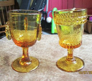 2 Old Amber Eapg Pattern Glass 3 - Mold Goblets Grasshopper Sawtooth Floral
