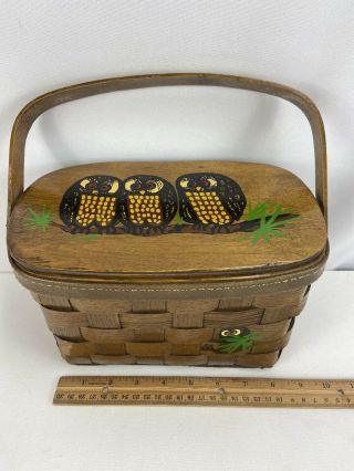 Vintage Signed Caro Nan Hand Painted Rustic Wood Woven Basket Purse Lid Owls